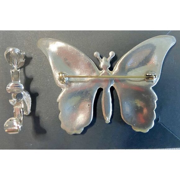 Vintage Silver & Rhinestone Butterfly Brooch and Rhinestone Clip-on Earrings - Picture 4 of 6